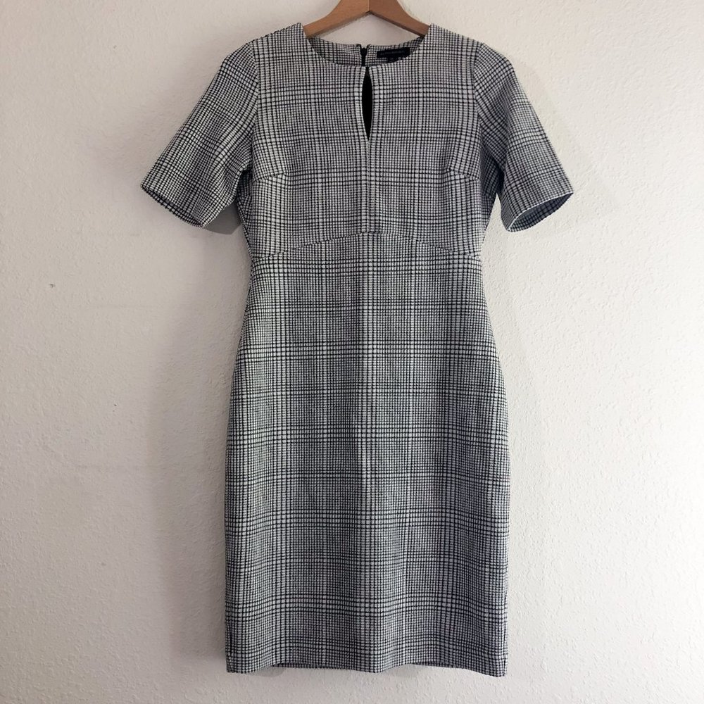 Short Sleeve Black & White Plaid Sheath Dress - Women's
